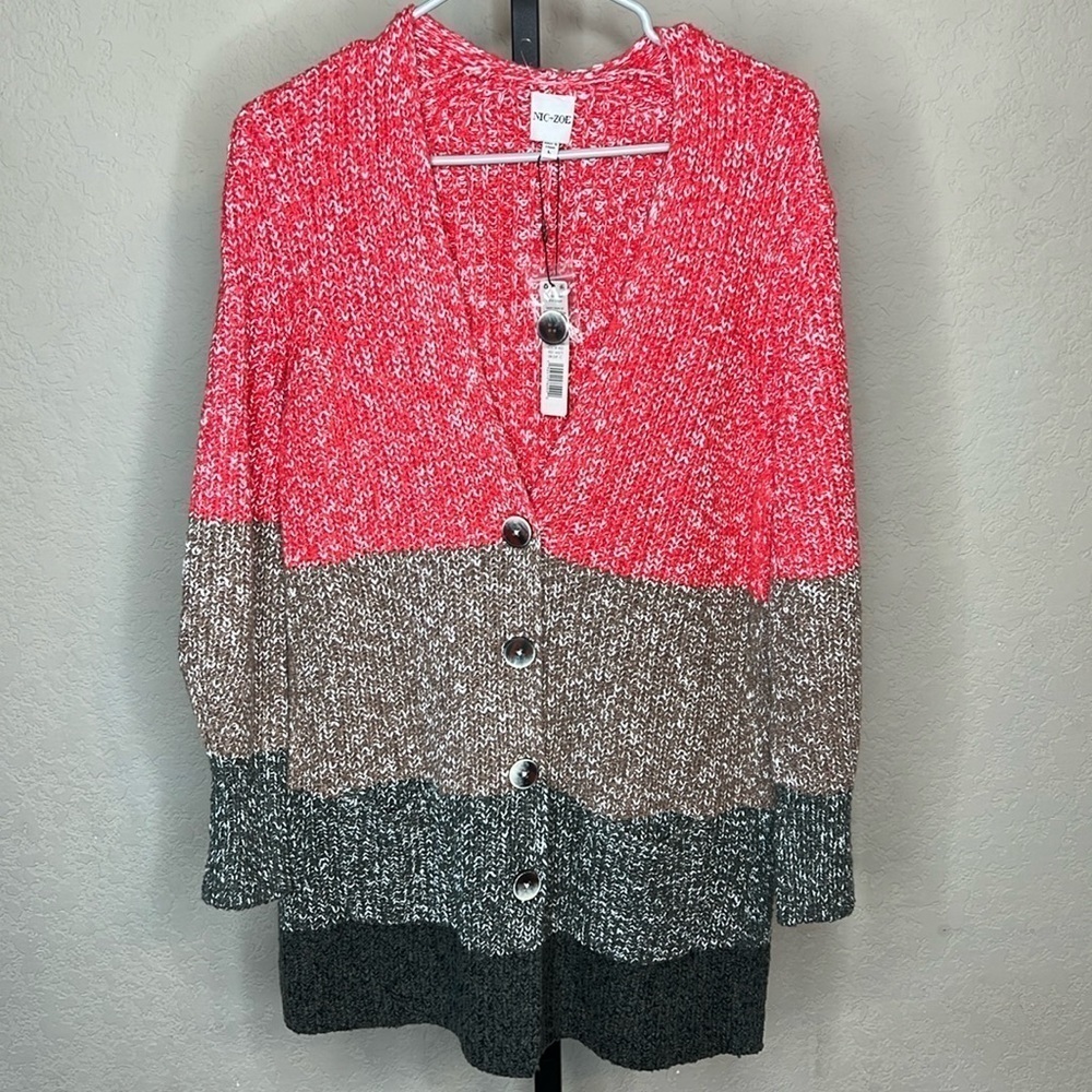 272 - Nic+Zoe NWT Pink, Gray, Black Striped Cardigan, Size Large